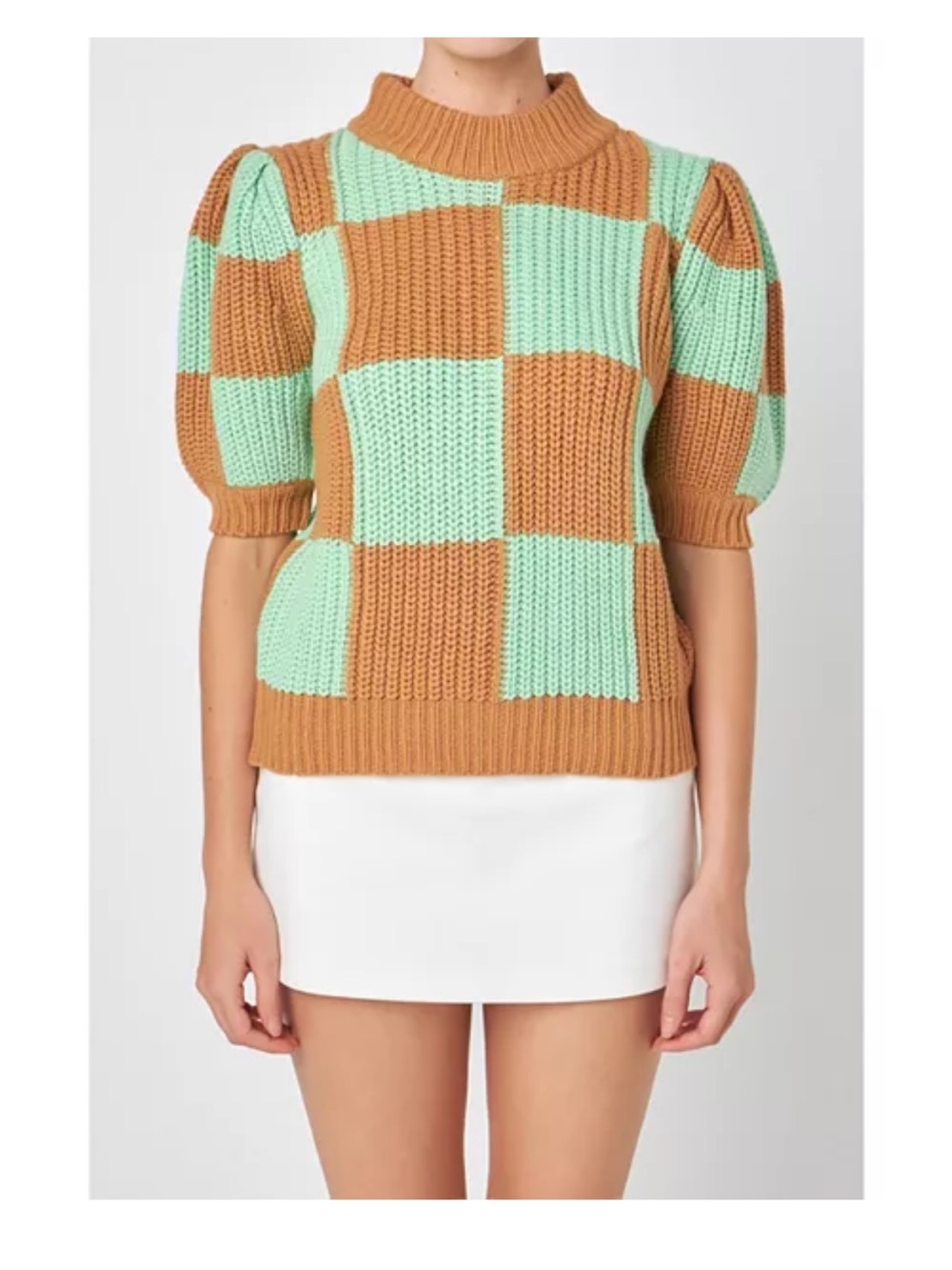 English Factory Check Pattern Puff Sleeve Sweater | Mint & Camel | Size M
